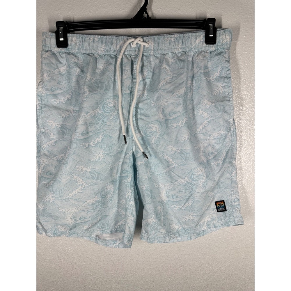 Micros Swim Trunks Mens Large Wave Print Light Blue White Board Shorts
